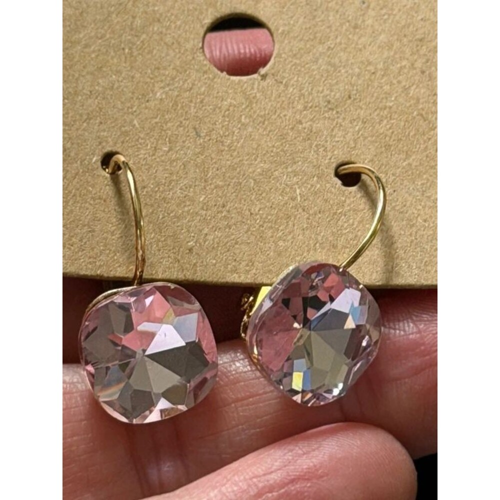 Pink Cushion Crystal Dangle Earrings, Gold-Tone